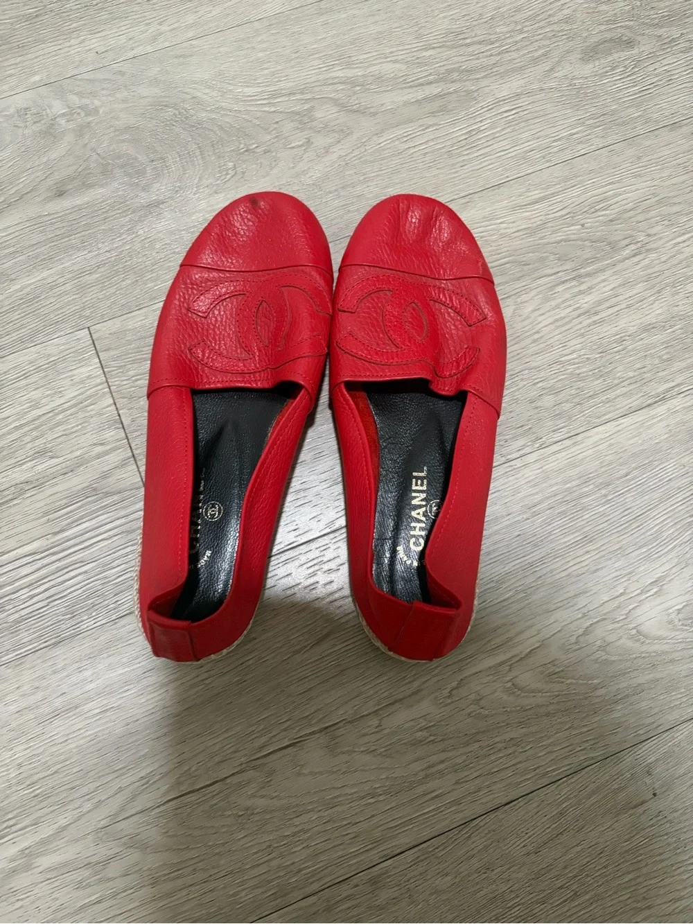 CHANEL Red Leather Espadrille Mules with Embossed CC